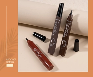 Detailed close-up of four-tip brow pens in deep brown, light brown, and red brown colors