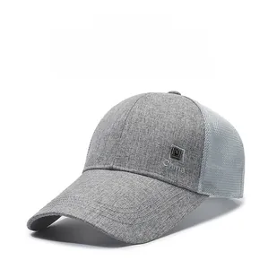 Detail of grey mesh baseball cap featuring a metal side badge with China inscription