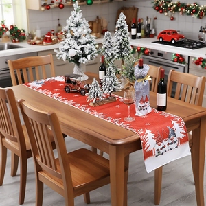 Christmas table runner with red and grey gnome print and festive wine bottle covers