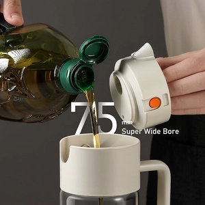 Kitchen glass oil bottle with 75mm wide mouth and gravity automatic opening lid