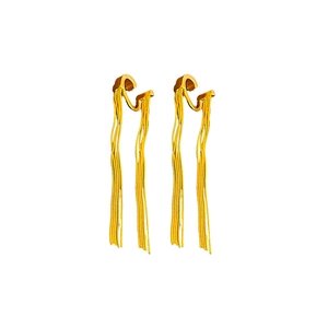 Elegant gold tassel clip-on earrings with long metallic chains on white background