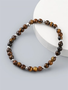 Elegant 6mm tiger eye stone beaded bracelet for men on a minimalist white display stand