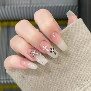 Gothic Silver Cross Nude Pink Gradient Press On Nails Long Coffin Fake Nails With Rhinestone Alloy Decor DIY Manicure