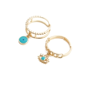 Zweiteiliges Set vergoldeter Evil Eye Ringe, verstellbar mit Zirkonia und Türkis-Inlay