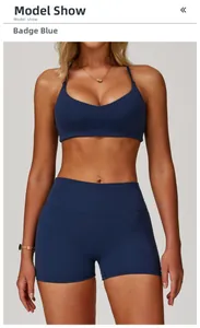Deep blue brushed yoga bra and high waist shorts set for fitness and workout