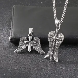 Cross Wings Pendant Necklace Stainless Steel Zircon Punk Gothic Retro Angel Wings For Men Hip Hop Jewelry