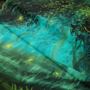 Close-up of forest landscape tapestry showing detailed soft texture and green foliage print