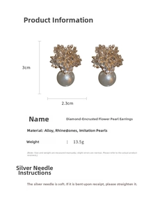 Detailed specs of flower zircon earrings with faux pearl, size 3cm by 2.3cm