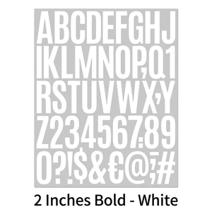 Detail of 2-inch white alphabet and number stickers set in bold font for decoration