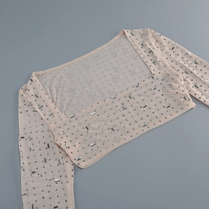 Close-up of nude pink mesh top with intricate silver rhinestone patterns and square neck