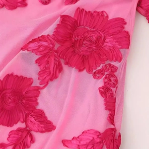 Pink mesh bodycon maxi dress with detailed 3D floral embroidery and round neckline