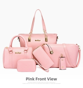 Detailed view of the 6-piece pink PU leather handbag set showing various sizes and textures