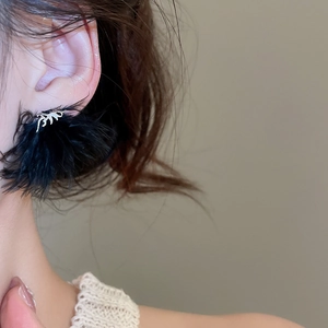 Dettaglio dell'orecchino con piuma nera e metallo argento indossato da una modella