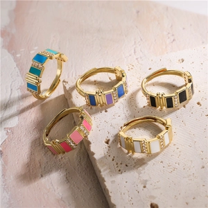 Rectangular Enamel Ring 18K Gold Plated Copper Colorful Zircon Adjustable Open Finger Jewelry For Women