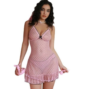 Pink sheer mesh nightgown with black polka dots and ruffle trim on white background