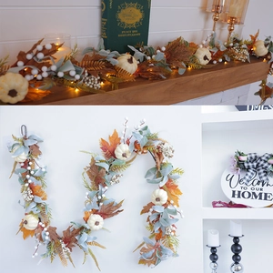 Fall garland with white pumpkins, maple leaves, and LED lights for home wall decor