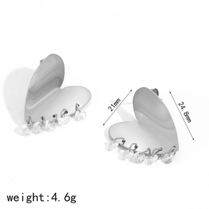 Polished silver heart earrings with hanging crystals, 21mm wide, lightweight 4.6g design