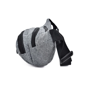 Gray textured casual waist bag for men with three zippered pockets and adjustable strap