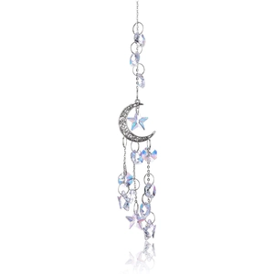 Hanging moon and star suncatcher with silver metal and radiant crystal prism pendants