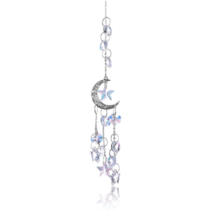 Hanging moon and star suncatcher with silver metal and radiant crystal prism pendants