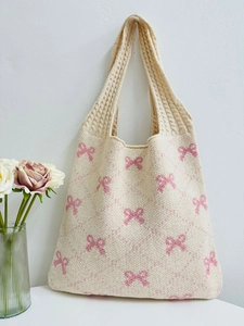 Knitted Tote Bag Polyester Bow Pattern Diamond Lattice Large Capacity Casual Daily Women Soft Sweet Handbag