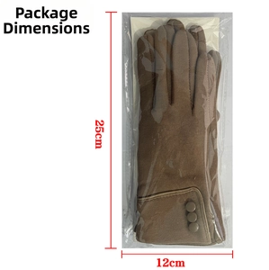 Brown knit gloves with button details in clear plastic packaging, 25cm x 12cm dimensions