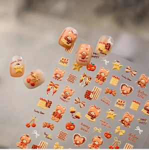 Detailed 3D embossed nail stickers featuring honey caramel bears and stars with sweet patterns