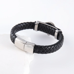 Men's punk lion head braided leather bracelet with silver polished metal clasp