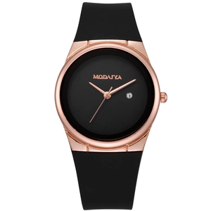 Minimalist quartz watch with black silicone strap, rose gold case and date display feature