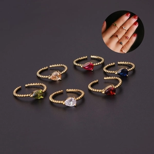 Adjustable gold beaded rings set with colorful teardrop zircons in 6 vibrant colors