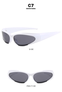 Detailed front and side views of white futuristic Y2K wrap sunglasses with grey lenses