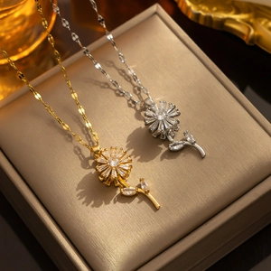 Elegant rotating sunflower necklaces in gold and silver finish with sparkling zircon stones