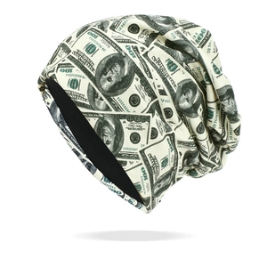 Men's slouchy beanie with 100 dollar bill print featuring warm black inner lining