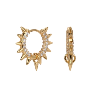 Punk style gold S925 sterling silver hoop earrings with white zircon studded rivets