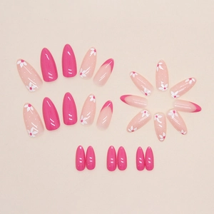 Pink and nude almond press-on nails with floral accents and French tips set