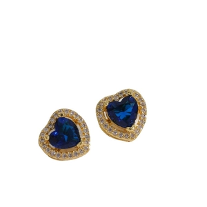 Blue heart zircon stud earrings with gold plating and white crystal halo