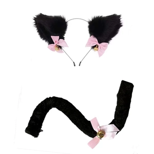 Cosplay set featuring black faux fur cat ears and tail with pink bows and golden bells