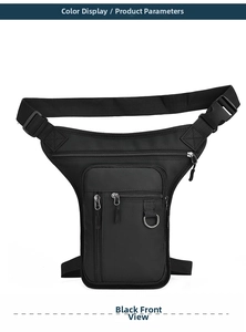 Close-up of black waterproof tactical leg bag with multiple pockets and D-ring detail