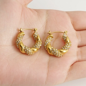 18K gold plated twisted hoop earrings with sparkling micro-pave crystals for women