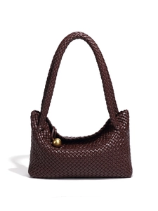 Retro hand-woven large capacity tote bag in dark brown leather with gold ball charm