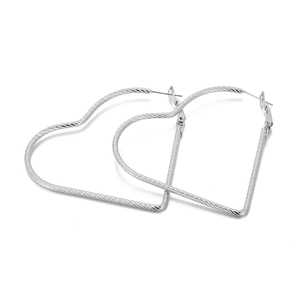 Polished silver heart-shaped hoop earrings with twisted rope texture in stainless steel