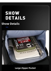 Detail view showing internal zipper compartment and large capacity storage for gadgets