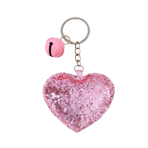 Pink sequin heart keychain with glitter finish and bell accessory for bags