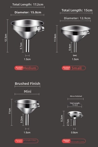 Detailed size chart for 304 stainless steel kitchen funnels in four various sizes