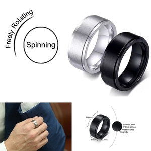 8mm stainless steel spinner ring set with black and silver matte brushed finish for men