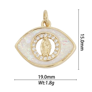 Detail view of 18k gold plated eye-shaped pendant with Virgin Mary and opal inlay