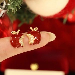 Red Apple Stud Earrings With Silver Earring Post Alloy Enamel Cubic Zirconia Dainty Fruit Jewelry For Women