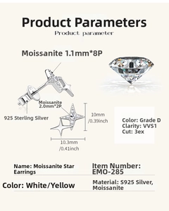 Technical specifications of S925 silver moissanite star earrings with D color and VVS1 stones