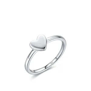 925 Sterling Silver Heart Ring Minimalist Polished Plain Surface Sweet Style Finger Jewelry For Women