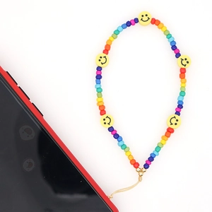 Rainbow beaded phone lanyard with yellow smile faces and colorful acrylic beads